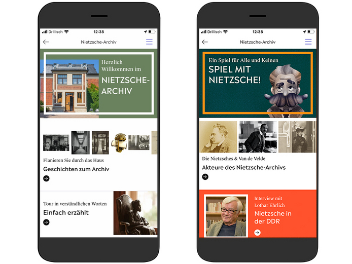 App Weimar+ Smartphone-Bildschirmanzeige der Weimar+ App über das Nietzsche-Archiv