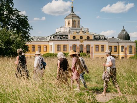 Geführte Tour unter freiem Himmel Entlang hochgewachsener Sommergräser macht sich eine Gruppe auf den Weg zum Schloss
