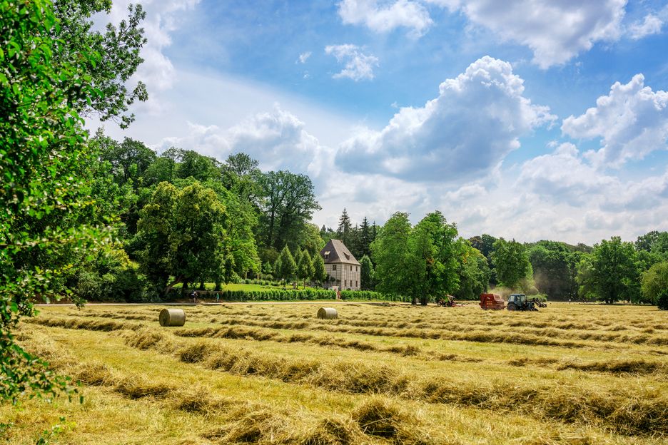 Park an der Ilm Vor Goethes Gartenhaus wird Heu gepresst.