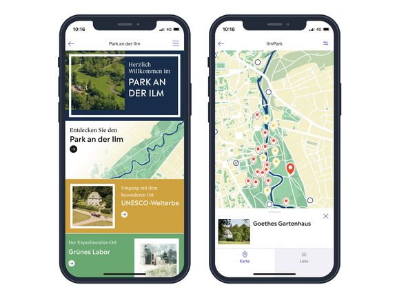 App Weimar+ Smartphone-Bildschirmanzeige der Weimar+ App über den Park an der Ilm